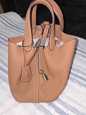 Structured Mini Bucket Bag in Tan with Gold Accent